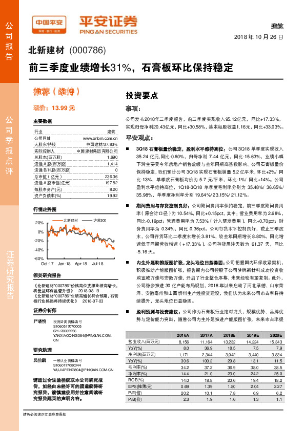 前三季度业绩增长31%，石膏板环比保持稳定