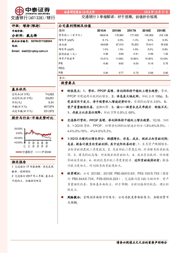 交通银行3季报解读：好于预期，估值折价较高