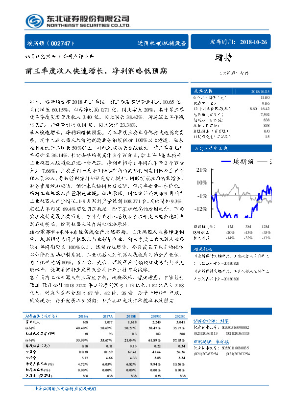 前三季度收入快速增长，净利润略低预期