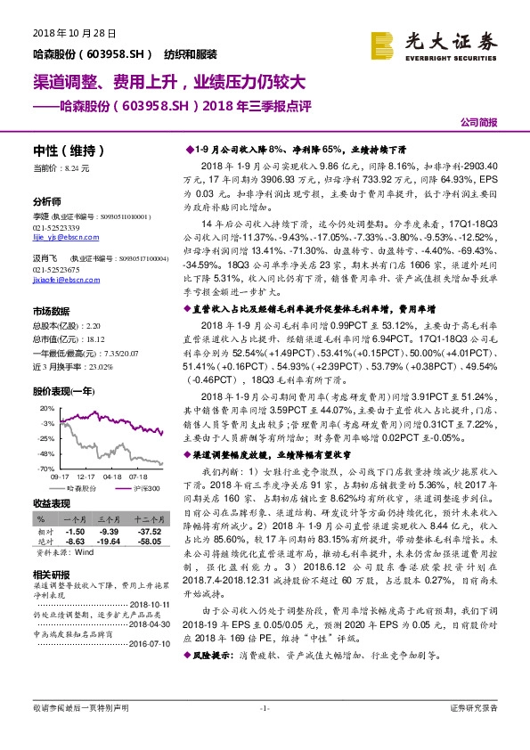 2018年三季报点评：渠道调整、费用上升，业绩压力仍较大