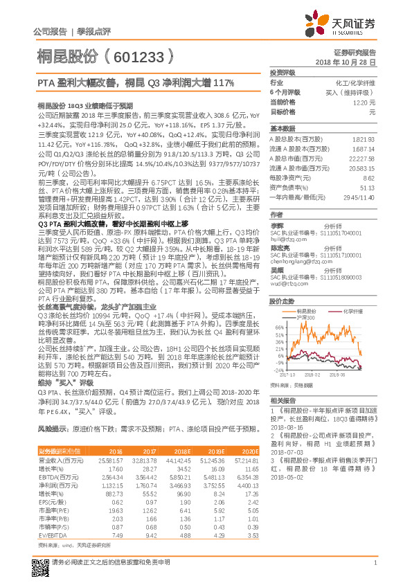 PTA盈利大幅改善，桐昆Q3净利润大增117%