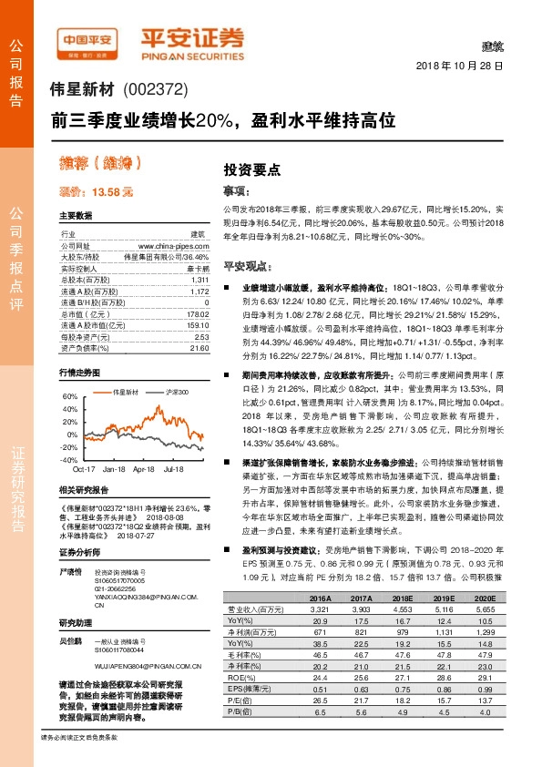 前三季度业绩增长20%，盈利水平维持高位
