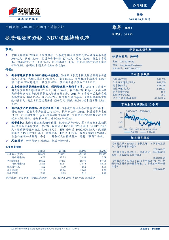 2018年三季报点评：投资端逆市好转，NBV增速持续收窄
