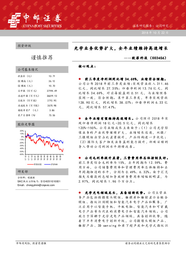 光学业务优势扩大，全年业绩维持高速增长