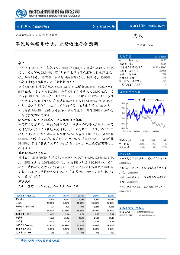 军民两端稳步增长，业绩增速符合预期