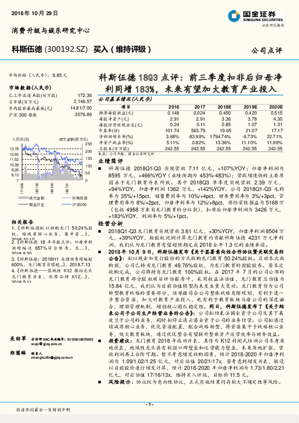 科斯伍德18Q3点评：前三季度扣非后归母净利同增183%，未来有望加大教育产业投入