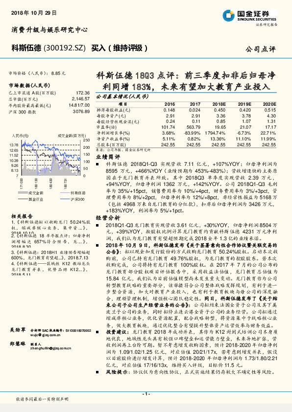 科斯伍德18Q3点评：前三季度扣非后归母净利同增183%，未来有望加大教育产业投入