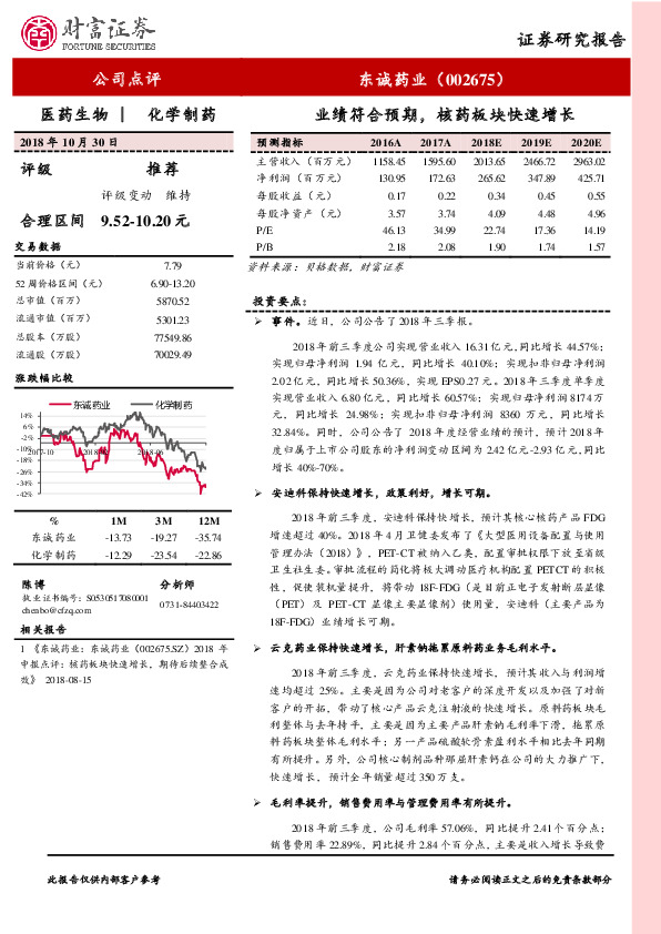 业绩符合预期，核药板块快速增长