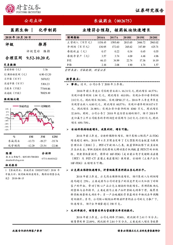 业绩符合预期，核药板块快速增长