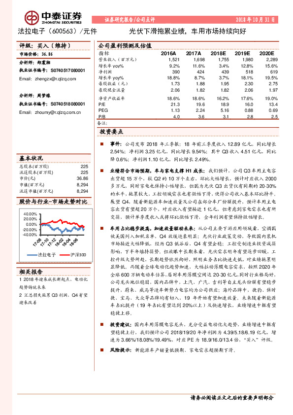 光伏下滑拖累业绩，车用市场持续向好