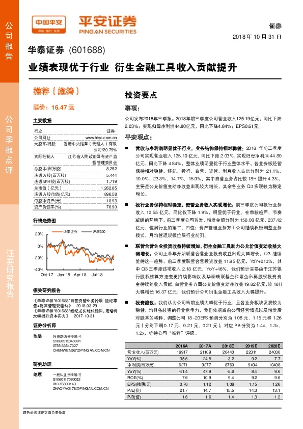 业绩表现优于行业 衍生金融工具收入贡献提升