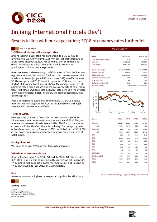 Results in line with our expectation; 3Q18 occupancy rates further fell