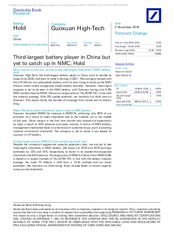 Third-largest battery player in China but yet to catch up in NMC; Hold