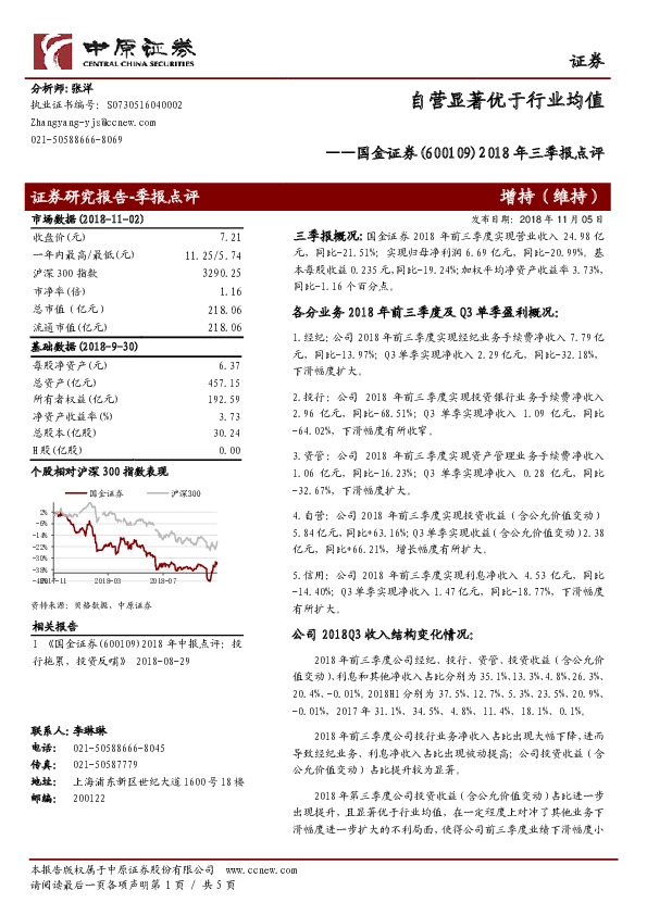 2018年三季报点评：自营显著优于行业均值