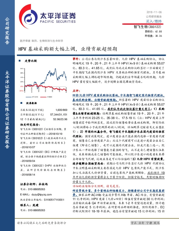 HPV基础采购额大幅上调，业绩贡献超预期