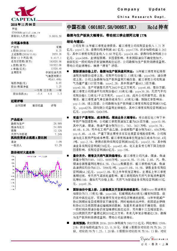 勘探与生产板块大幅增长，带动前三季业绩同比增177%