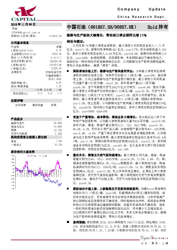 勘探与生产板块大幅增长，带动前三季业绩同比增177%