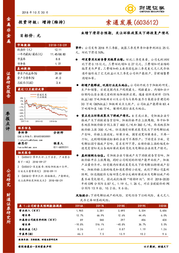业绩下滑符合预期，关注环保政策及下游投复产情况