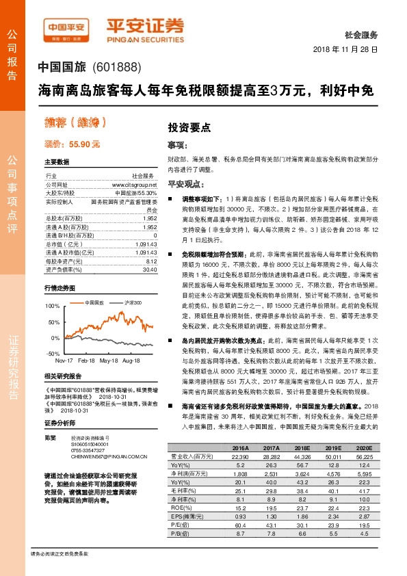 海南离岛旅客每人每年免税限额提高至3万元，利好中免