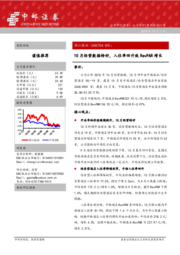 10月经营数据转好，入住率回升致RevPAR增长