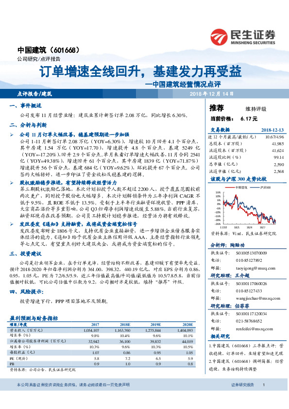中国建筑经营情况点评：订单增速全线回升，基建发力再受益