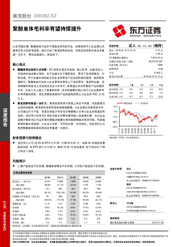 聚醚单体毛利率有望持续提升