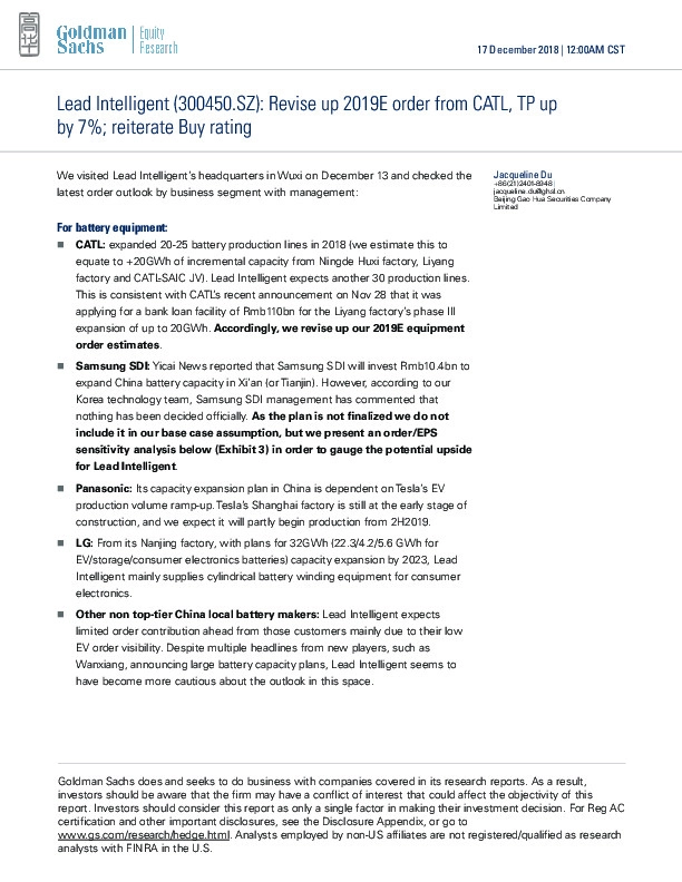 Revise up 2019E order from CATL, TP upby 7%; reiterate Buy rating