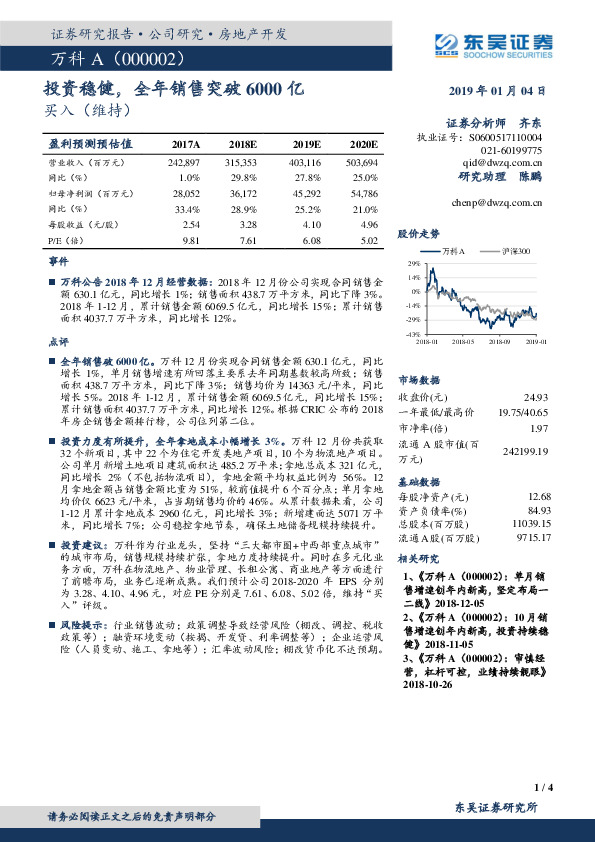 投资稳健，全年销售突破6000亿