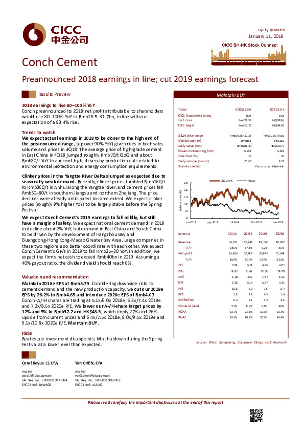 Preannounced 2018 earnings in line; cut 2019 earnings forecast