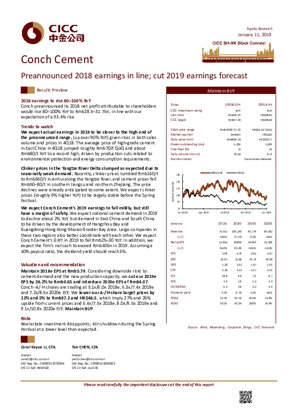 Preannounced 2018 earnings in line; cut 2019 earnings forecast