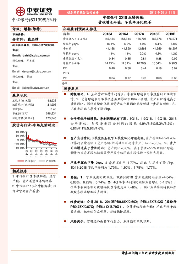 中信银行2018业绩快报：营收增长平稳，不良率环比改善