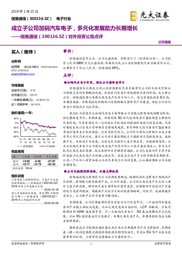 对外投资公告点评：成立子公司加码汽车电子，多元化发展助力长期增长