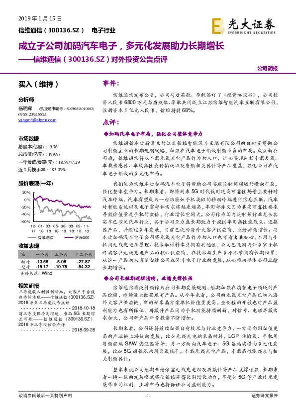 对外投资公告点评：成立子公司加码汽车电子，多元化发展助力长期增长