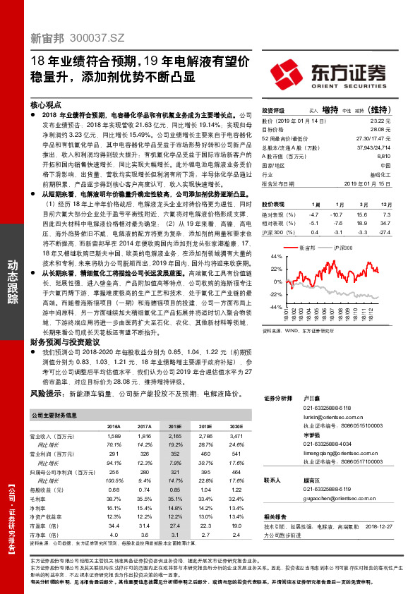 18年业绩符合预期，19年电解液有望价稳量升，添加剂优势不断凸显