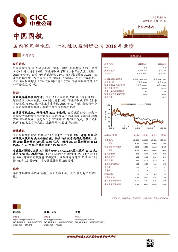 国内客座率承压，一次性收益利好公司2018年业绩