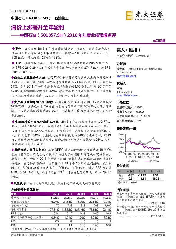2018年年度业绩预增点评：油价上涨提升全年盈利