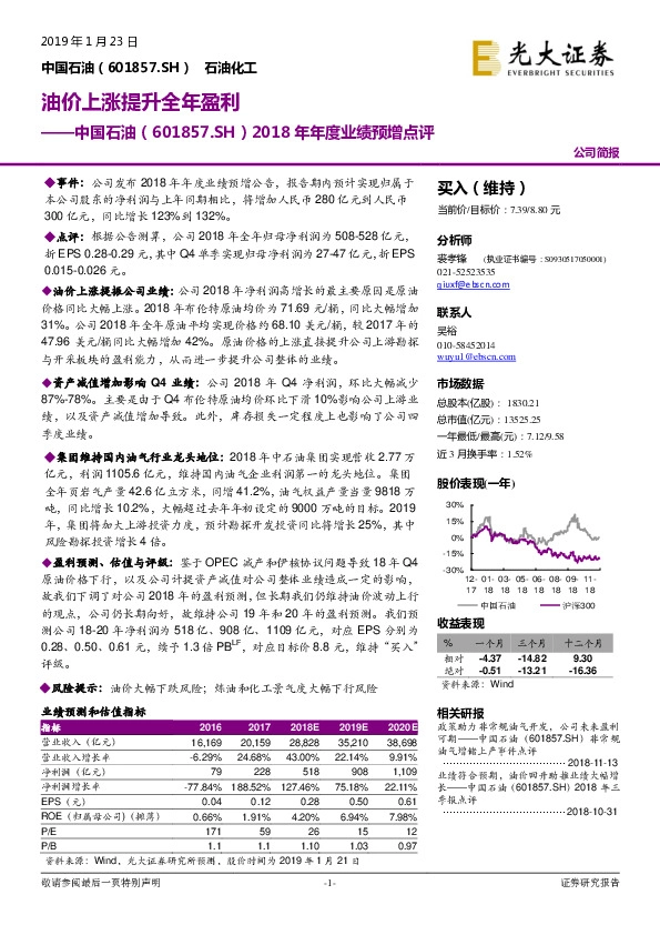 2018年年度业绩预增点评：油价上涨提升全年盈利