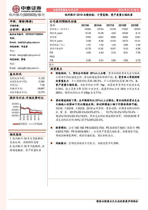 杭州银行2018业绩快报：个贷高增，资产质量大幅改善