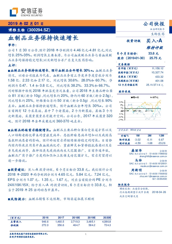 血制品业务保持快速增长
