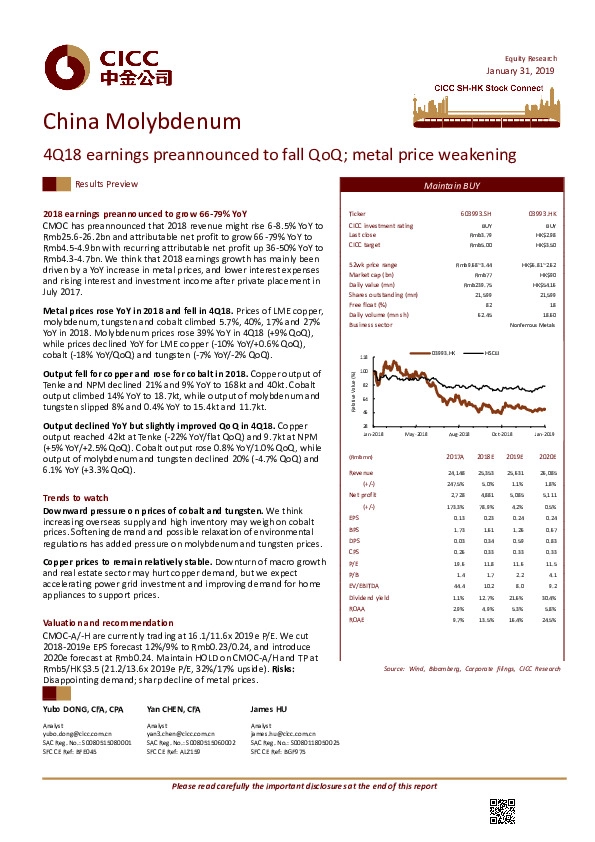 4Q18 earnings preannounced to fall QoQ; metal price weakening