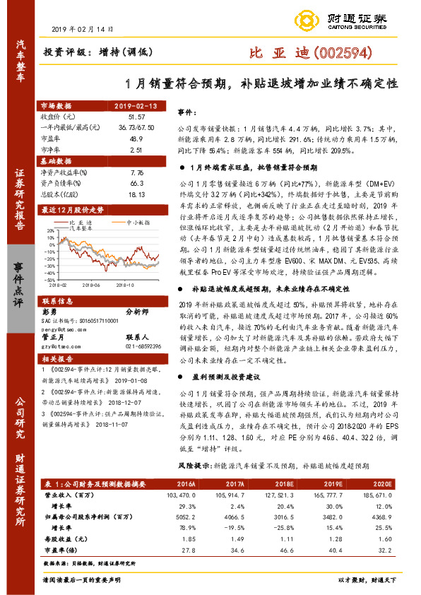 1月销量符合预期，补贴退坡增加业绩不确定性