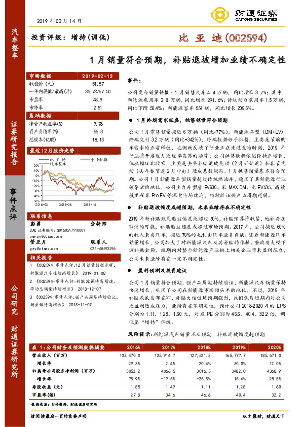 1月销量符合预期，补贴退坡增加业绩不确定性