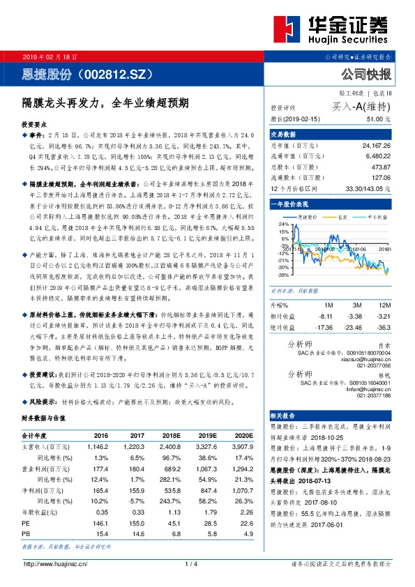 隔膜龙头再发力，全年业绩超预期