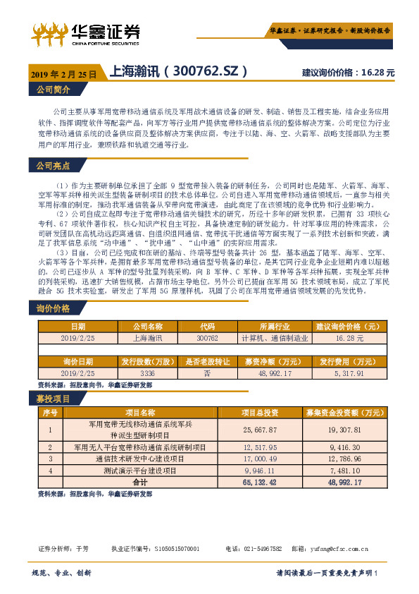 新股询价报告：上海瀚讯