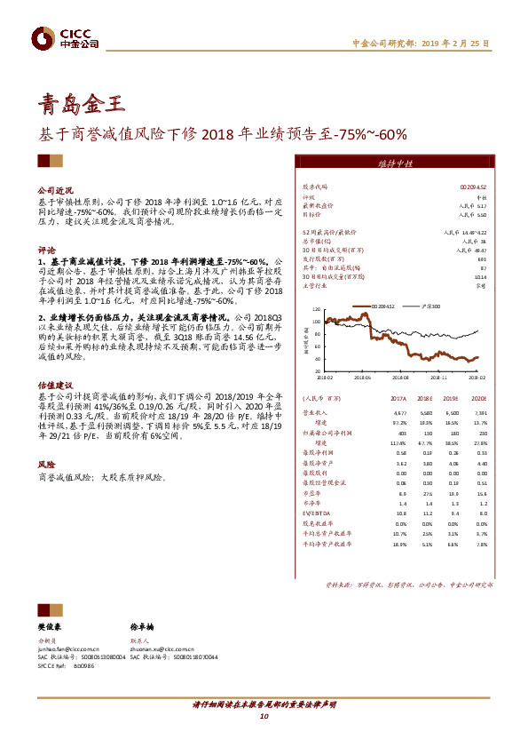 基于商誉减值风险下修2018年业绩预告至-75%~-60%