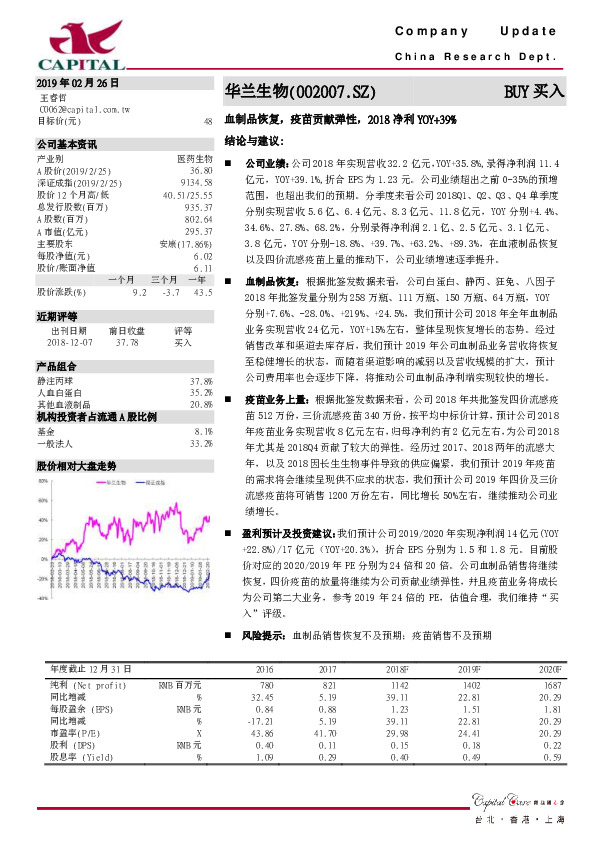 血制品恢复，疫苗贡献弹性，2018净利YOY+39%