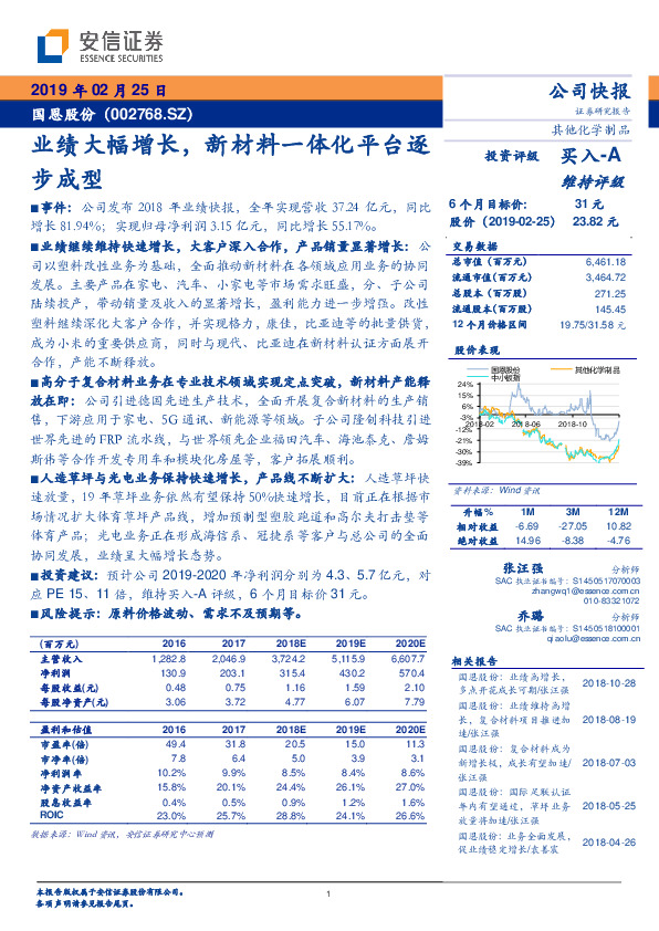 业绩大幅增长，新材料一体化平台逐步成型