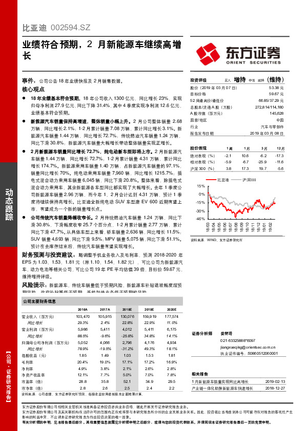 业绩符合预期，2月新能源车继续高增长