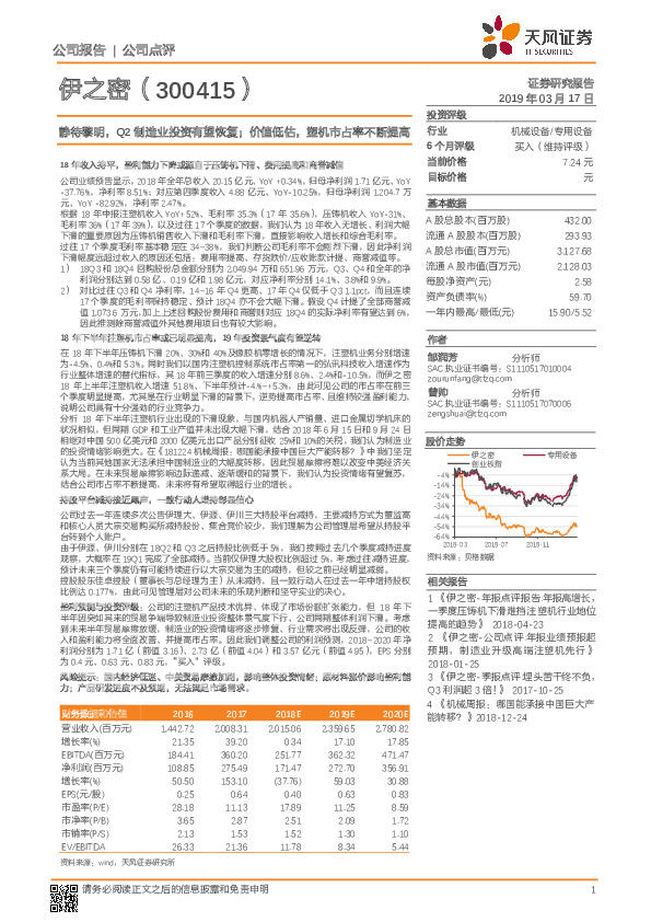 静待黎明，Q2制造业投资有望恢复；价值低估，塑机市占率不断提