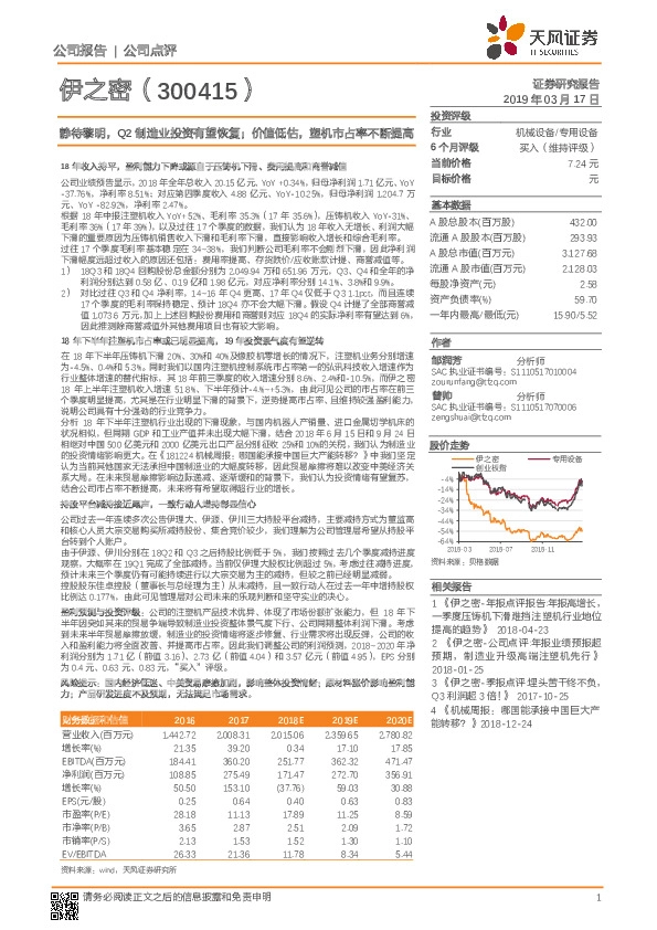静待黎明，Q2制造业投资有望恢复；价值低估，塑机市占率不断提